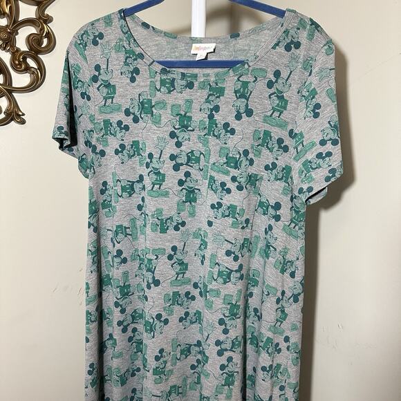 LuLaRoe Disney Carly Dress M Gray Green Mickey Mouse Print Hi-Low Hem - Picture 9 of 14